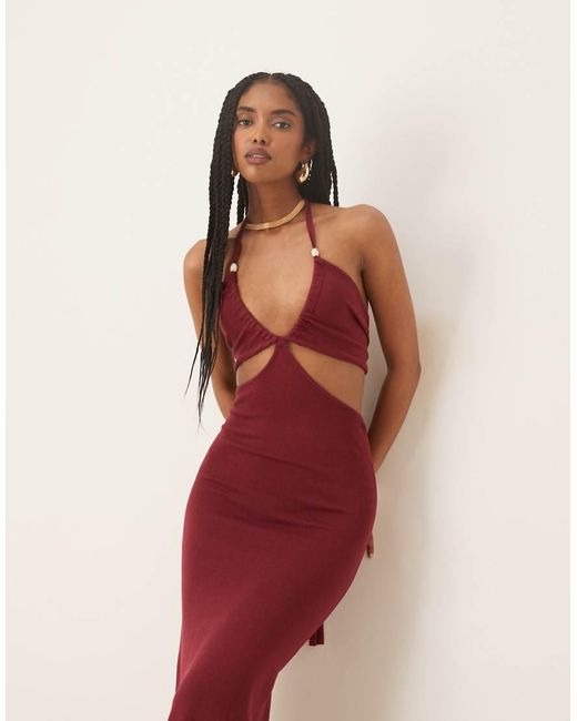 Pretty Lavish Red Candice Halter Neck Bead Maxi Dress