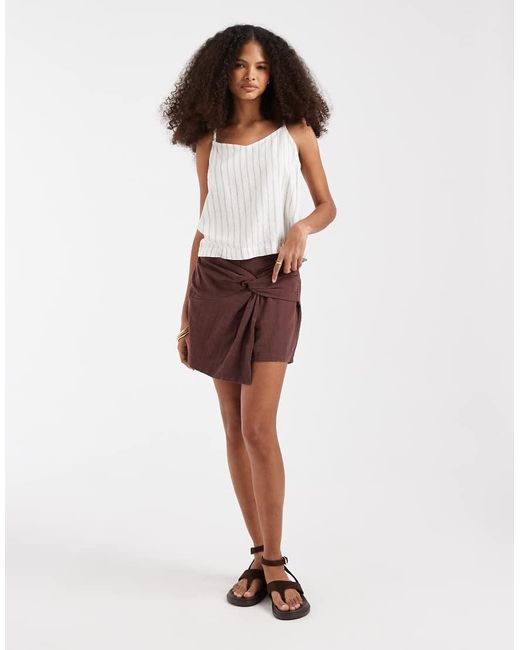 Pieces Brown Textured Cotton High Waisted Knot Detail Skort