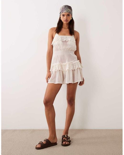 Miss Selfridge Natural Beach Lace Shirred Bandeau Mini Dress