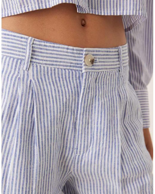 Mango Gestreepte Broek Van Linnenmix Met Elastische Taille in het White