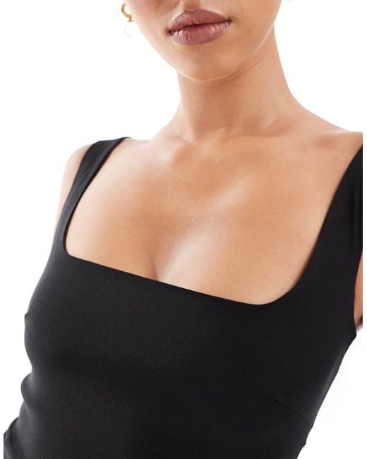Vesper Black Bengaline Sleeveless Square Neck Fishtail Midi Dress
