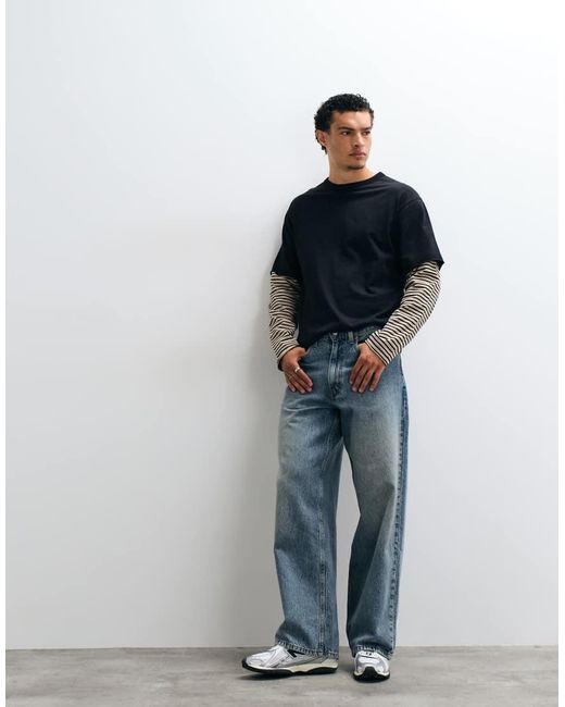 ASOS Blue Heavyweight Relaxed T-shirt With Striped Double Sleeves for men