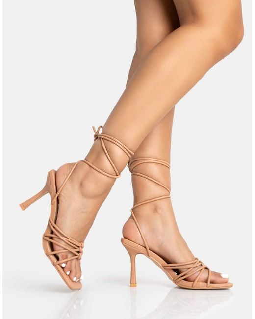 Public Desire Natural Keri Pu Strappy Lace Up Mid Heels