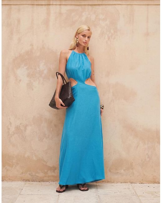 Kaiia Blue Exclusive Cotton Blend Halterneck Cut Out Detail Maxi Dress