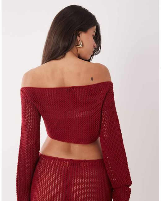 Aria Cove Red Open Crochet Off Shoulder Flare Sleeve Beach Crop Top Co-ord