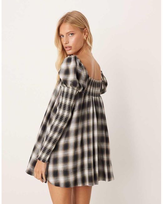 ASOS Natural Square Neck Mixed Shirred Babydoll Mini Dress