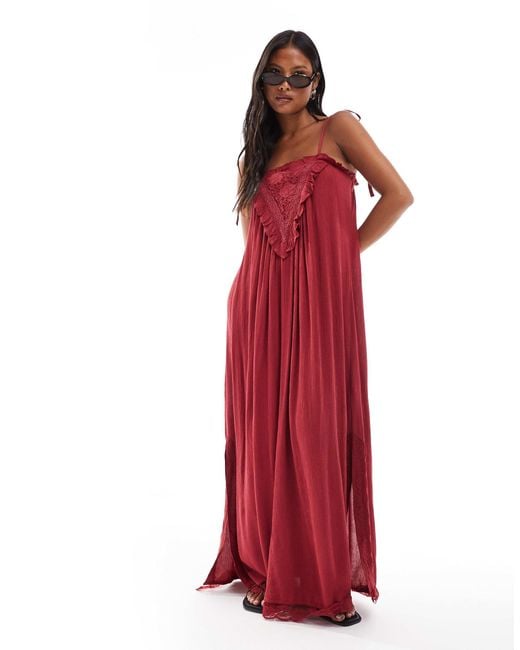 Miss Selfridge Red Lace Detail Maxi Slip Dress