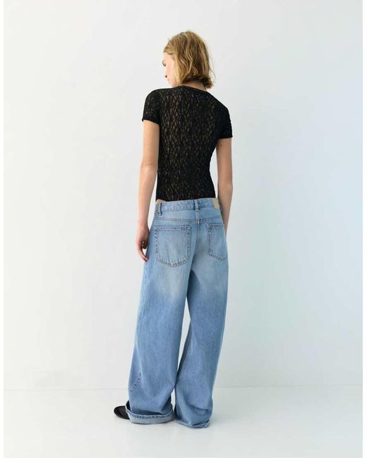 Pull&Bear Blue Short Sleeve Lace Bodysuit