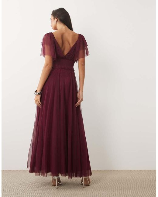 LACE & BEADS Bridesmaid Shirred Waist V-neck Mesh Flutter Sleeve Maxi Dress