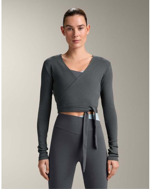 Oysho Gray Rib Cotton Blend Wrap Top