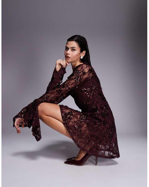 ASOS Brown Sequin Lace Slash Neck Mini Dress With Hanky Sleeve