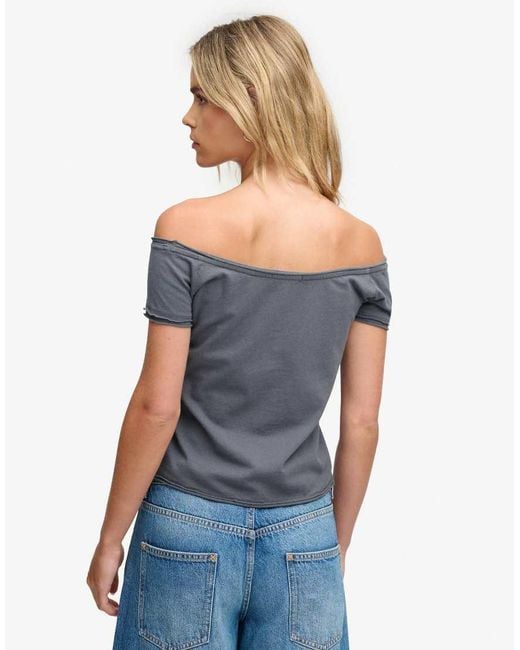 Superdry Blue Graphic Bardot Short Sleeve Top