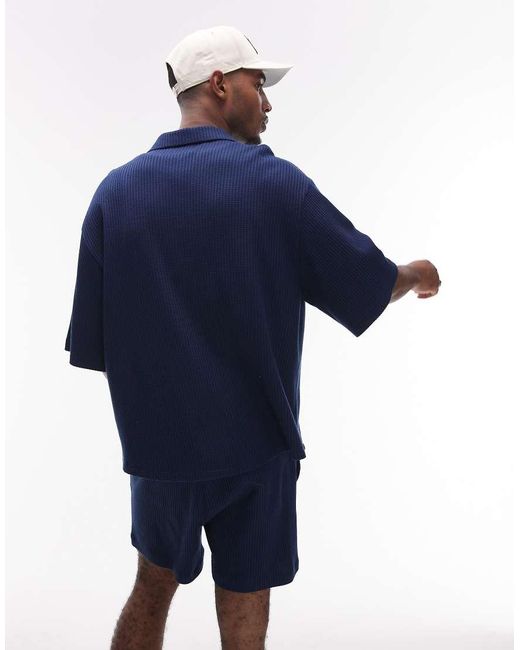 Topman Oversized Jersey Overhemd Met Wafelstructuur En Knoopsluiting in het Blue voor heren