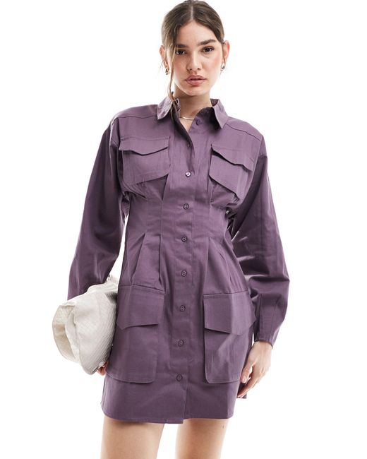 ASOS Purple Mini Twill Shirt Dress With Utility Pocket Detailing