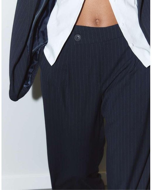 Stradivarius Blue Casual Striped Smart Trousers With Crossover Waist