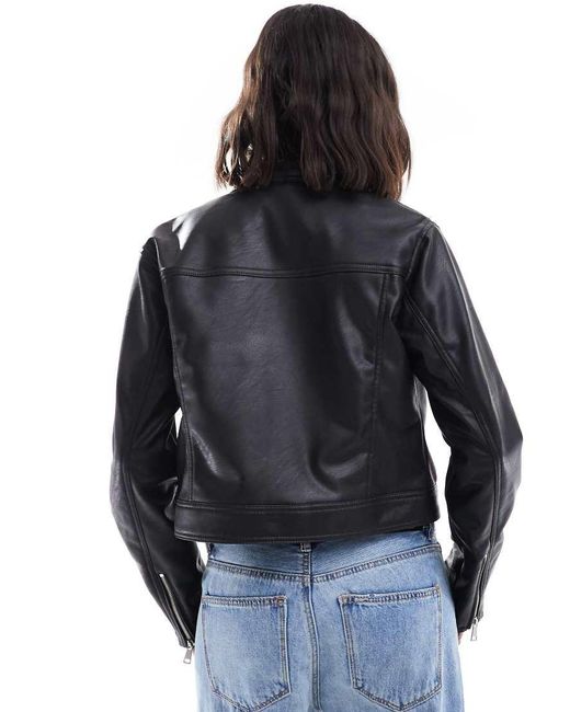 Stradivarius Blue Faux Leather Collarless Faux Leather Jacket