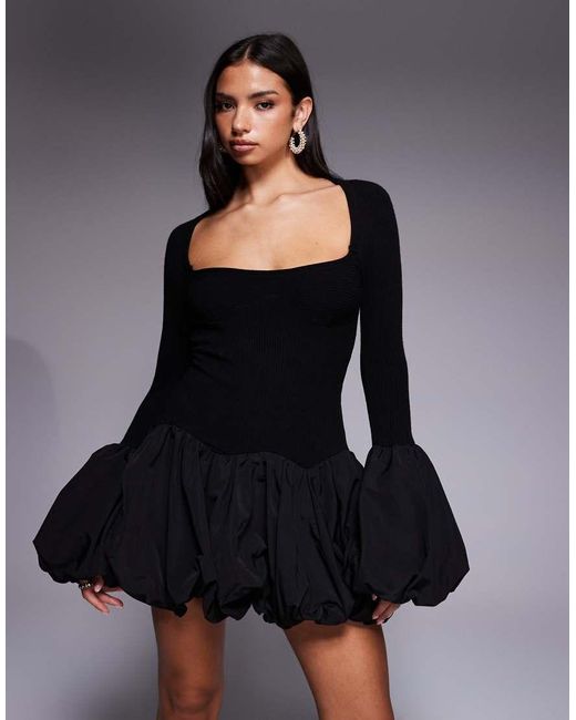 ASOS Black Knitted Mini Dress With Bubble Hem And Cuff