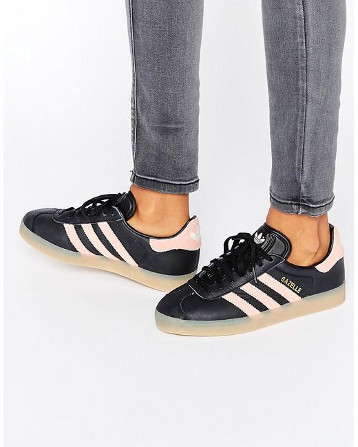Adidas Originals Black And Pink Gazelle Trainers With Gum Sole