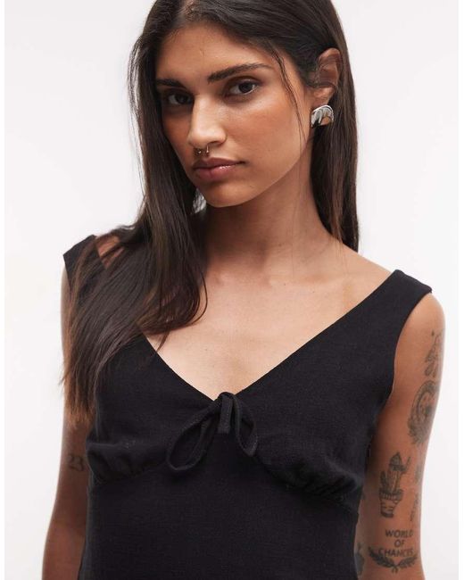 Reclaimed Vintage Black Linen Look V Neck Button Detail Top