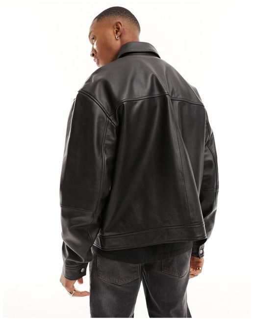 ASOS Black Real Leather Oversized Harrington Jacket for men