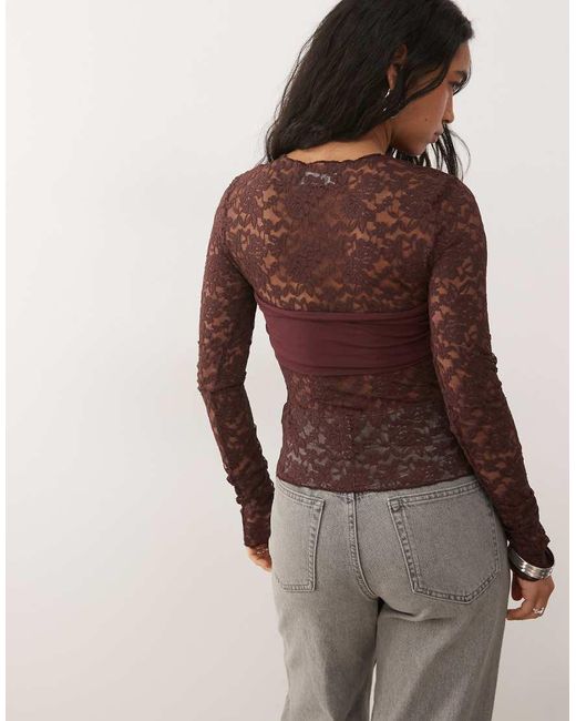 Lioness Brown Midnight Long Sleeve Sheer Lace Top