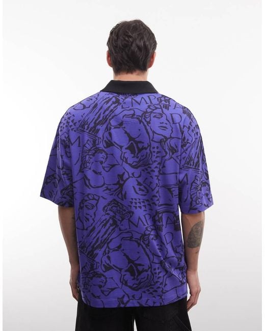ASOS Purple Boxy Oversized Polo With All Over Print And Italy Football Graphic for men