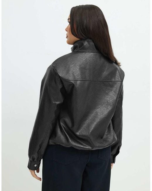 Yours Clothing Black Faux Leather Funnel Neck Jacket