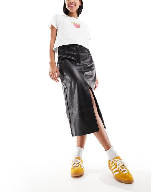 Pieces White Faux Leather High Waisted Midi Skirt