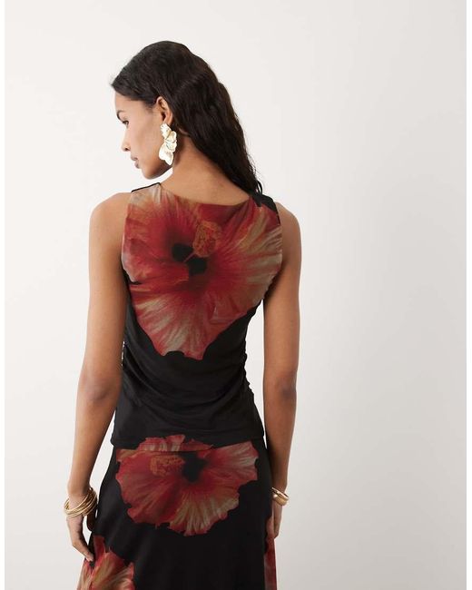 Jdy Black Sleeveless Ruched Mesh Top With Floral Print