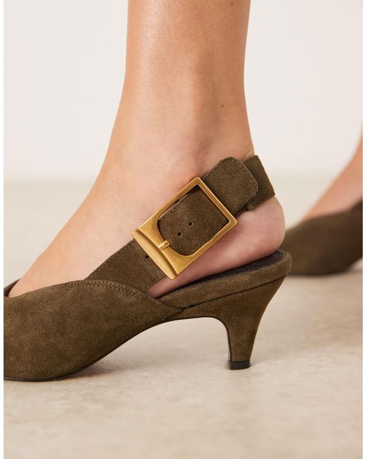 ASOS Natural Shiloh Large Buckle Detail Slingback Kitten Heel Shoes