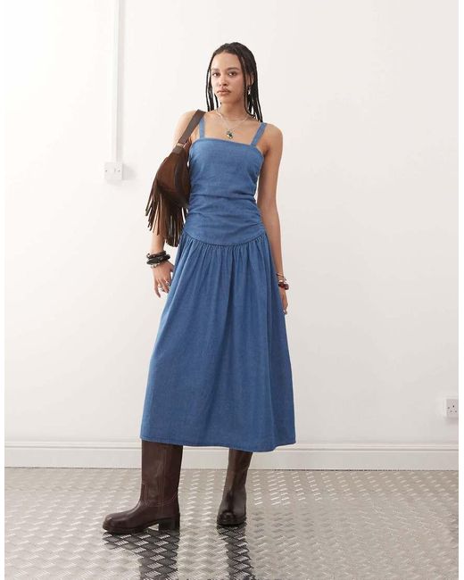 Reclaimed Vintage Blue Dropped Waist Gathered Detail Midi Denim Dress