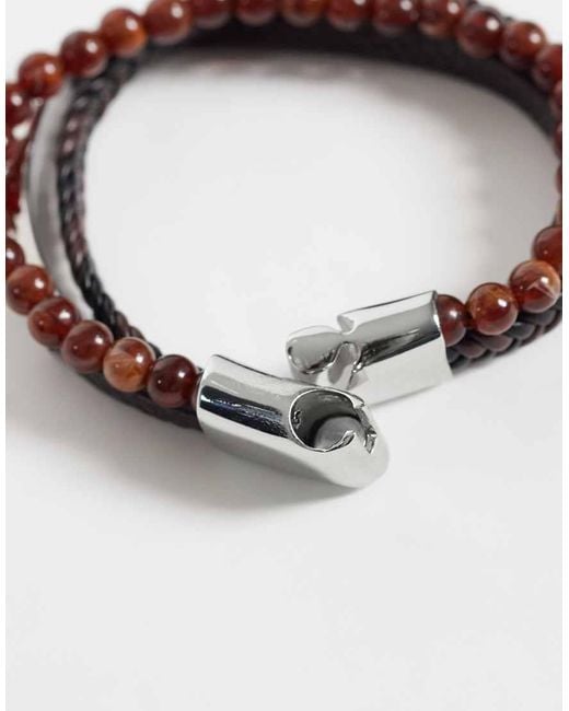 ASOS Metallic 3 Pack Faux Leather Strap And Faux Brown Semi-precious Beaded Bracelet for men