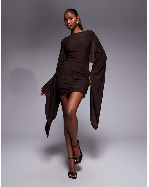 extreme short dress PrettyLittleThing PLT Label Chocolate Brown Mesh Extreme Frill Cowl Mini Dress