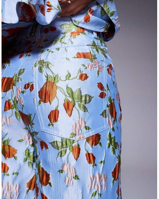 ASOS Jacquard Broek Met Wijde Ronde Pijpen En Capri Bloemenprint, Deel Van Co-Ord Set in het Blue