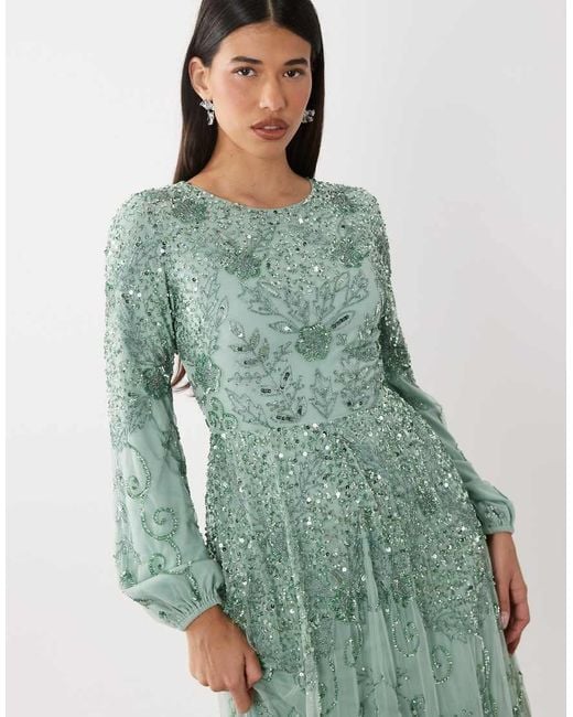 Beauut Green Fully Embellished Beaded Mesh Overlay Balloon Sleeve Maxi Dress