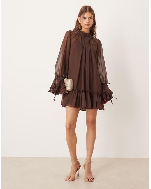 ASOS Brown Smock Mini Dress With Tiered Ruffle Cuff And Velvet Bows