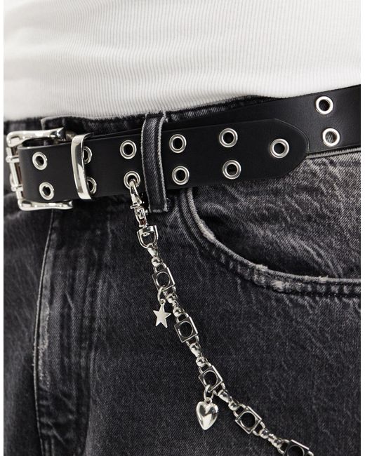 ASOS Black Faux Leather Belt With Eyelets And Charm Chain for men