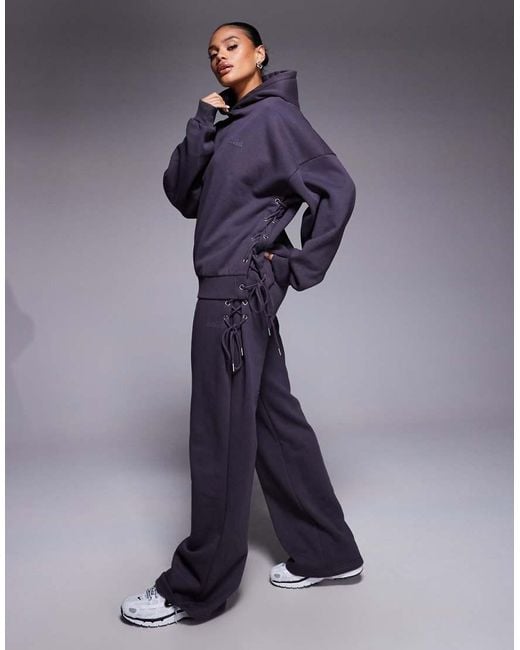 Kaiia Purple Cotton Rich Oversized Lace Up Detail Hoodie Co-ord