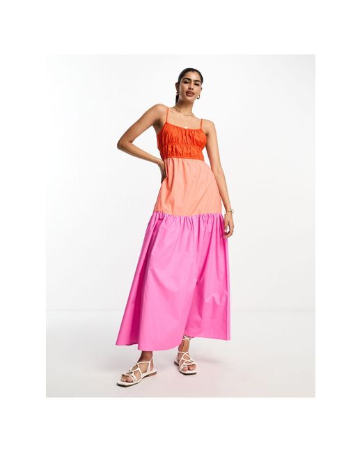 Mango Midi-jurk Met Ruches En Kleurvlakken in het Pink