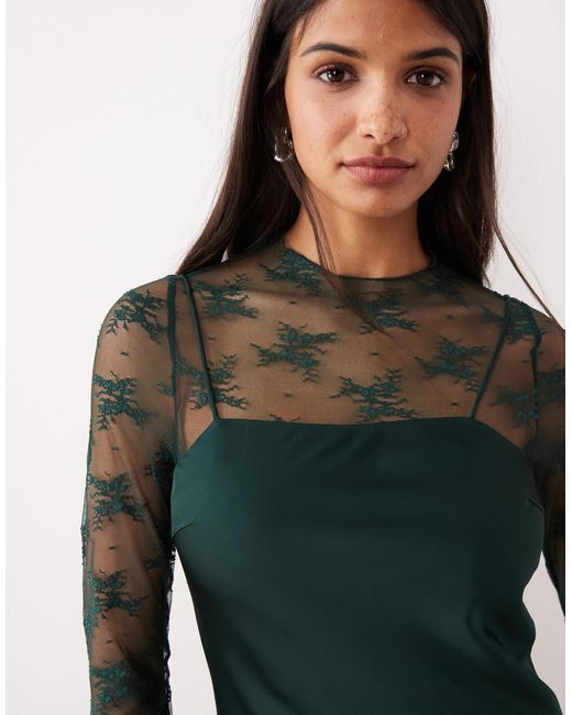Y.A.S Green Hybrid High Neck Lace Top And Satin Slip Dress
