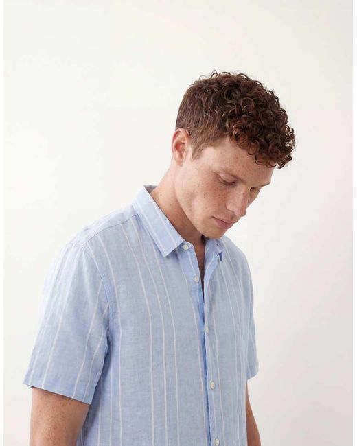 Jack & Jones Blue Premium Linen Blend Short Sleeve Shirt With White Stripes for men