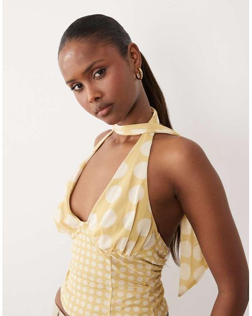 ASOS Natural Printed Mesh Halterneck Top With Scarf Detail