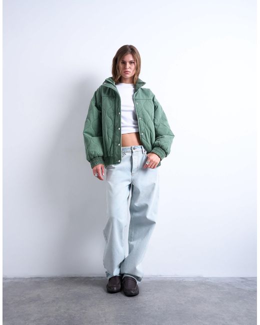 TOPSHOP Green – gesteppte oversize-bomberjacke aus baumwolle
