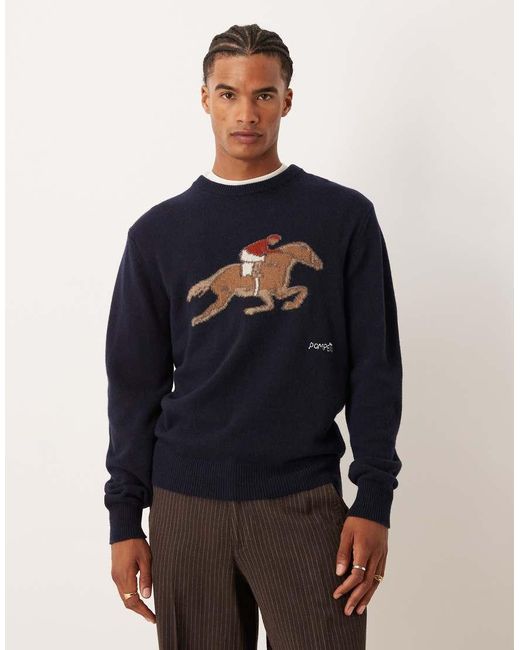 Pompeii UK Blue Pompeii Wool Blend Knit Jumper With Equestrian Graphic for men