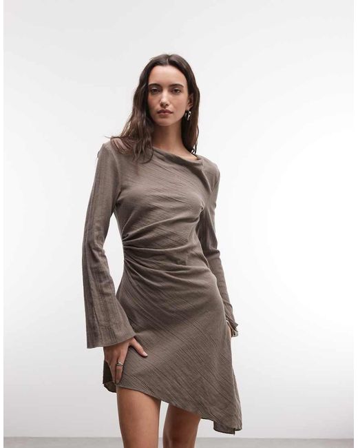 Weekday Natural Crinkle Long Sleeve Mini Dress With Open Back And Asymmetric Hem