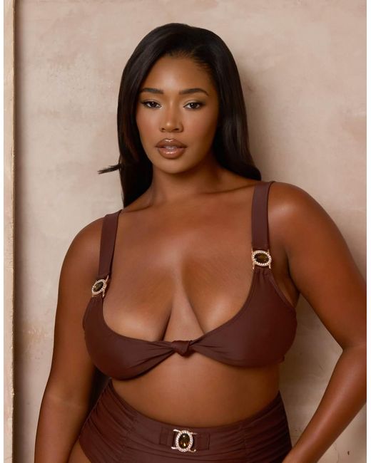 Moda Minx Curve Brown X Alessa Tyrrell-charles Knot Front Bikini Top With Faux Gem Detailing