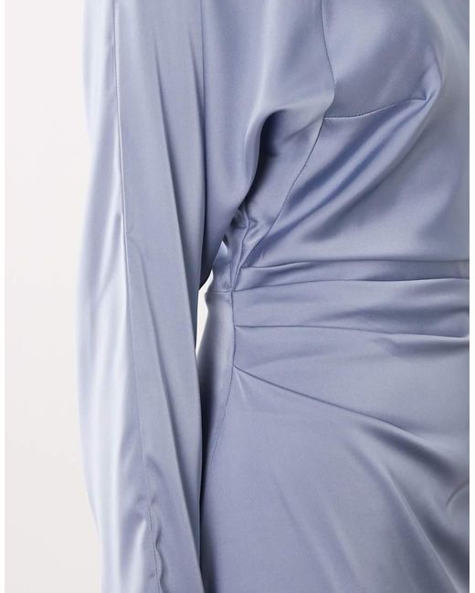 TFNC London Blue Bridesmaids Long Sleeve Satin Maxi Dress