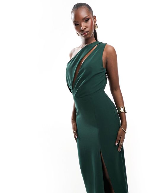 Vesper Green Exclusive One Shoulder Cut Out Detail Front Spilt Maxi Dress