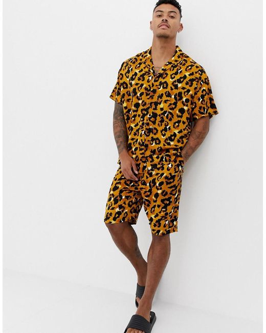 ASOS Brown Woven Short Pyjama Set In Leopard Print for men