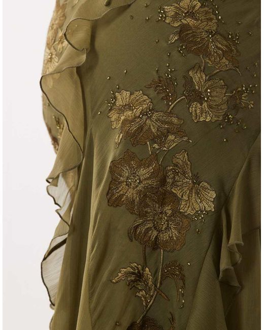 ASOS Green Embroidered & Beaded Cami Maxi Dress With Asymmetric Ruffle
